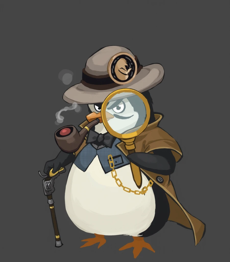 Detective Penguin，There is a pipe in the mouth，Holding a magnifying glass in hand，revolver cane