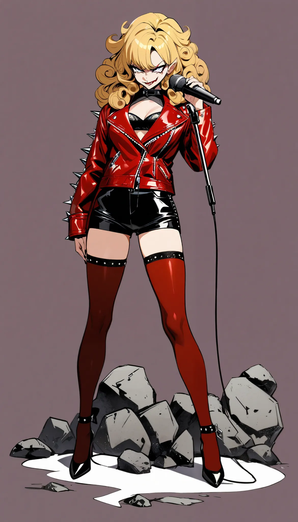 (((Highest Quality))), (Simple background), 1girl, fullbody, standing, demon girl, black short shorts, black bra, red leather jacket, rock fashion, blonde hair, curly hair, 60's hairstyle, evil smile, spikes, fishnat stockings, high heels, microphone