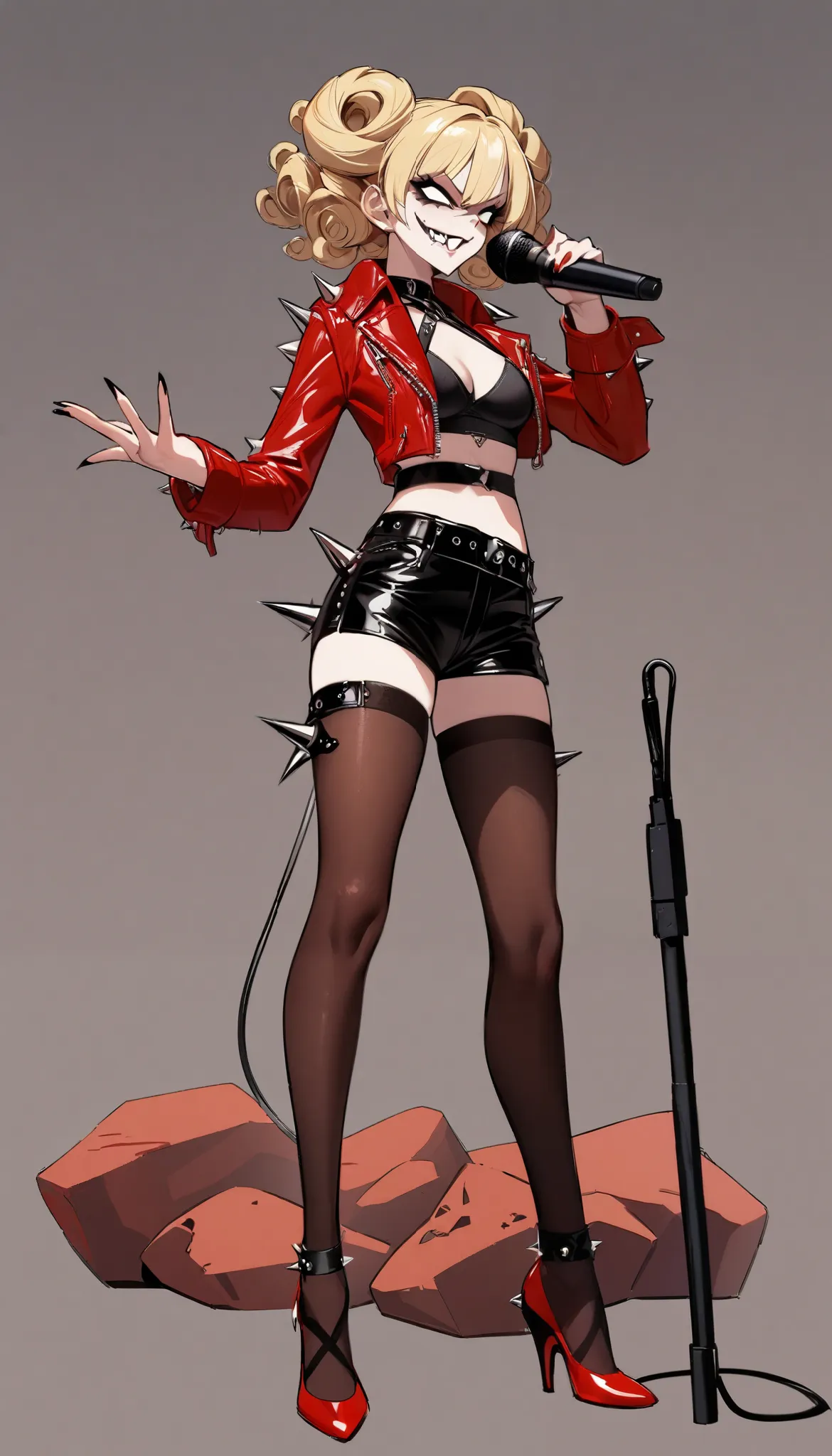 (((Highest Quality))), (Simple background), 1girl, fullbody, standing, demon girl, black short shorts, black bra, red leather jacket, rock fashion, blonde hair, curly hair, 60's hairstyle, evil smile, spikes, fishnat stockings, high heels, microphone