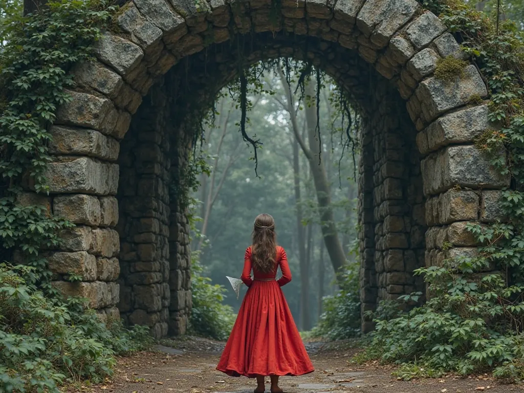 Emma ( wearing a bright red dress)  stops in front of a giant stone arch covered in vines. The archway is ancient, with cracks and moss covering it. The forest behind it looks darker and more mysterious. Emma hesitates, holding the map tightly in her hands...