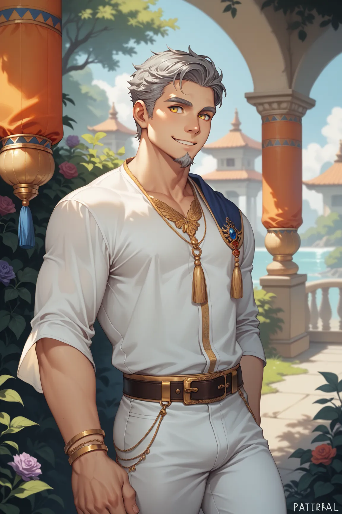 (solo), Human, Male, ((age 45, adult character)), (grey hair, middle-aged), short grey hair, (merchant clothes), white collard shirt, white pants, yellow eyes, (goatee), slim, happy expression, portrait, outside sea port background, royal purple trimming, ...