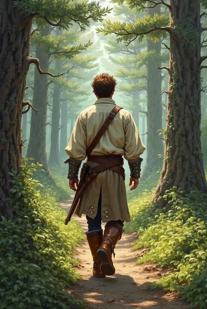 Create a brown-haired man, with cream shirt, brown pants and brown boots, medieval, in a forest walking with his back to the camera, art style ForticheTouch