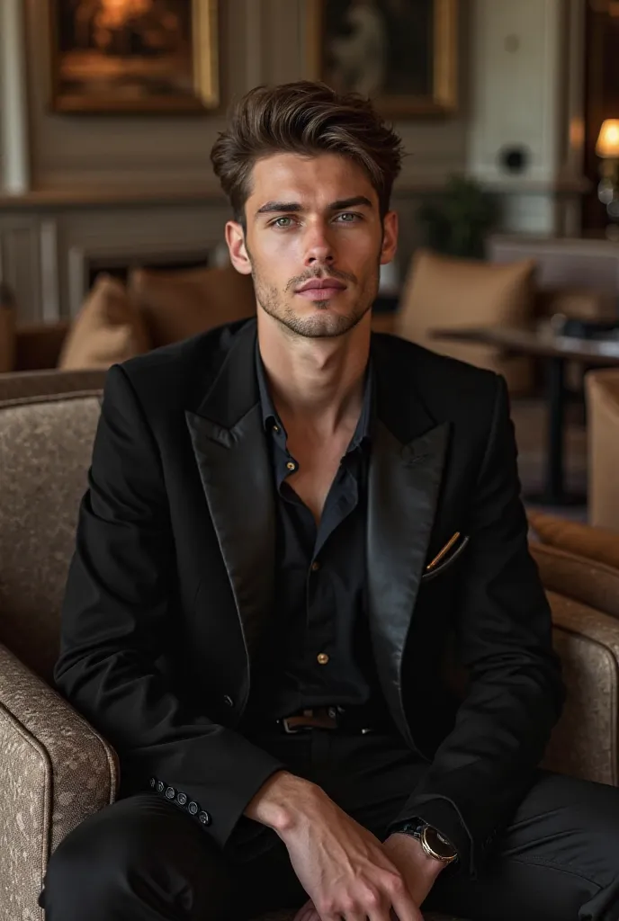 Create a hyper-realistic image of a young man sitting casually in a luxurious environment. He wears stylish and modern black clothes,  conveying sophistication and confidence .  Your face is completely visible ,  with realistic and expressive features , wi...