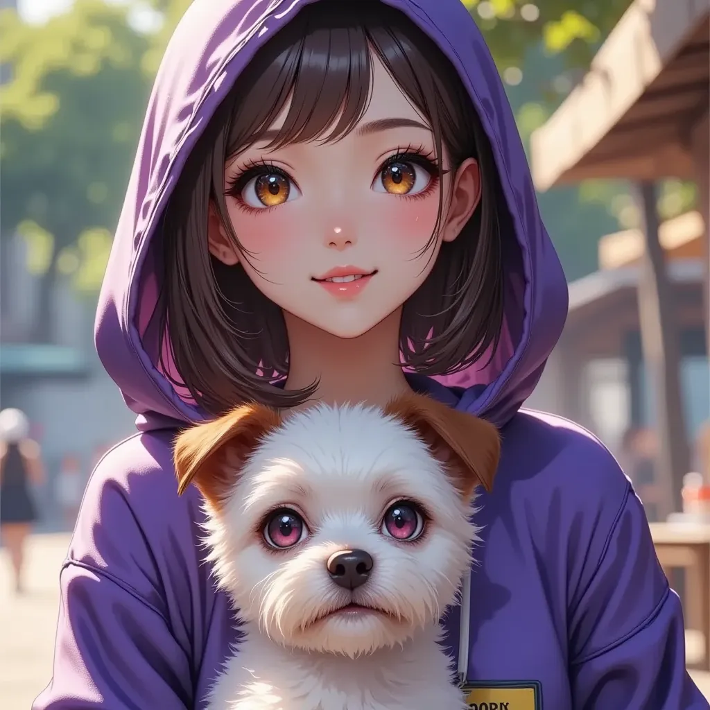 beautiful woman under hoodie　Purple medium length 　her eyes are clear and cute　casual and rough outfit　  style　Her face looks like an adult\n hair up　  kind eyes  　   let me eat 、 nice smile　Small Maltese　cute Maltese　
walk　 little skin exposure　 　   smile...