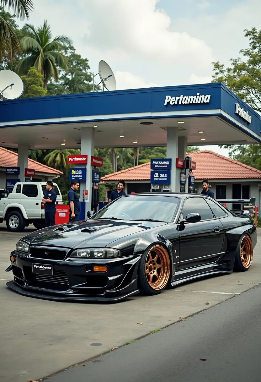 The image shows a black modified Nissan Silvia S15 parked at a gas station. The car has an aggressive stance with a lowered suspension, wide-body fenders, and bronze multi-spoke wheels wrapped in low-profile tires. The front bumper features a large air int...