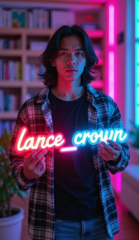 A handsome Indonesian man with long black hair, a black t-shirt wearing a black checkered shirt, jeans, holding a 3D red and blue glowing writing "LANCE_CROWN" posing dynamically with bright colors. Background of the room with various bookshelves neon purp...