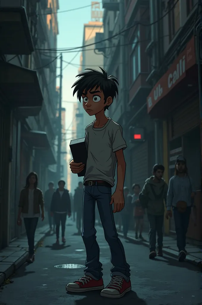 Create a cartoon scene inside a narrow street, with Ravi, a young adult male, standing near a dark corner of an alley. He looks nervously over his shoulder, with his messy hair and casual t-shirt and jeans. He’s holding a black box tightly in one hand, vis...