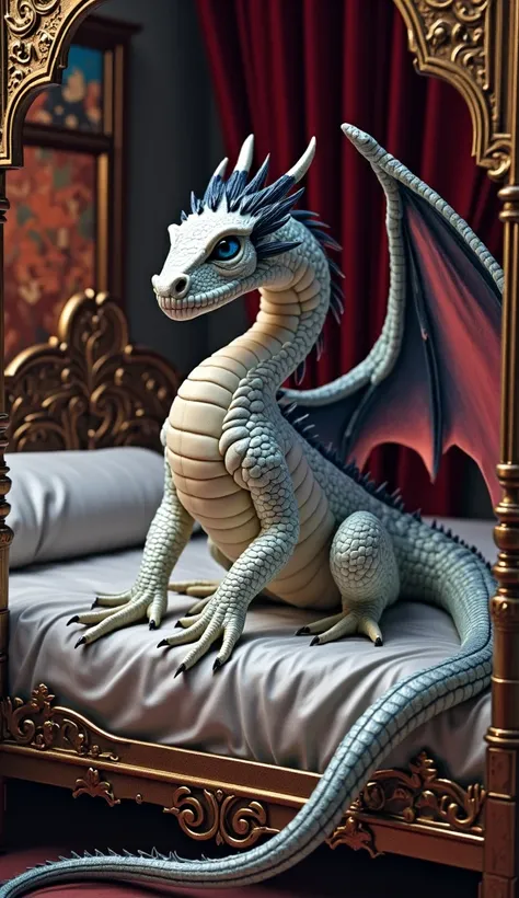 make this dragon look photorealistic with it sitting on a bed