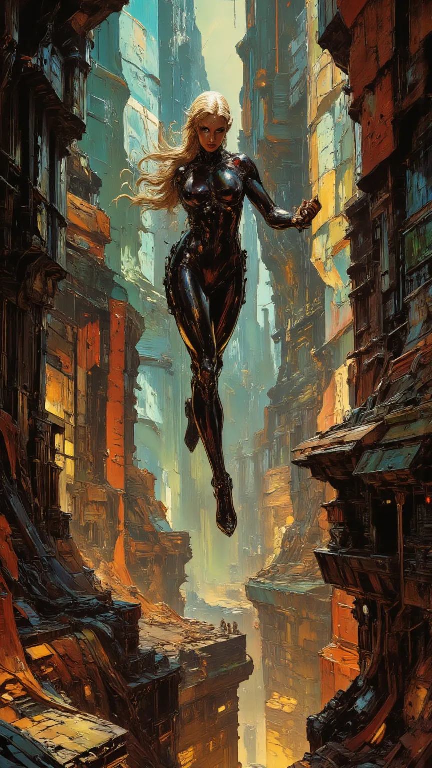  Sexy Female， bodysuit，full body，high heels，Bright future sci-fi city scene，Floating in the air