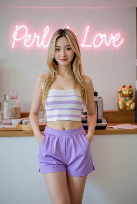 A young woman with long, straight blonde hair stands in front of a modern café counter. She is wearing a strapless top with white and purple stripes and purple shorts with pockets. She has a cheerful smile, posing casually with one hand in her pocket and o...