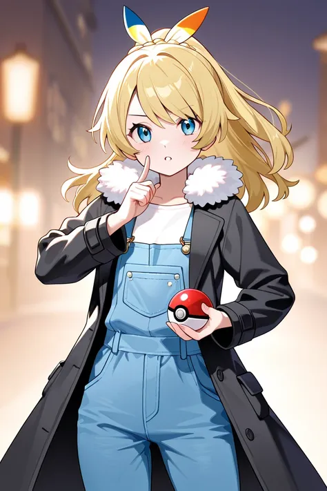 blond  wearing a black coat with a fur collar holding a Pokeball