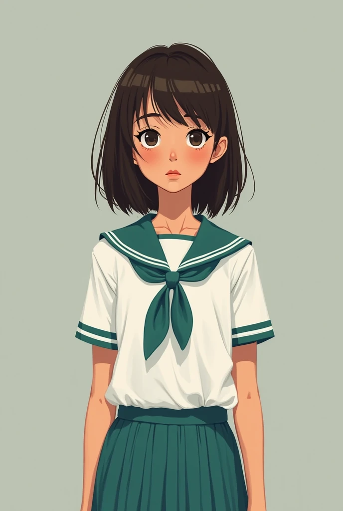 A brunette girl with Hindu or Arabian features short shoulder-length hair, black with dark brown eyes, unsure of herself and wearing a white short-sleeved shirt with a teal green ribbon and a skirt of the same color, that being the school uniform.