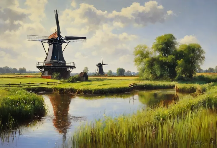 painting of three windMill s in a field with a pond in the foreground, pastel drawn by Peter Mourier II,  Flickr , Outdoors, Netherlands語 landscape, Netherlands語 style painting, windMill s, Netherlands語 painting, Netherlands語 masterpiece, Mill s,  Netherla...