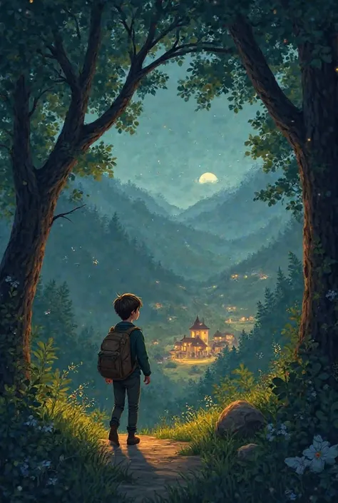 Reaching Home – Oliver finally stepping out of the forest, seeing the warm lights of his village in the distance. Behind him, the fairies smile before disappearing into the night