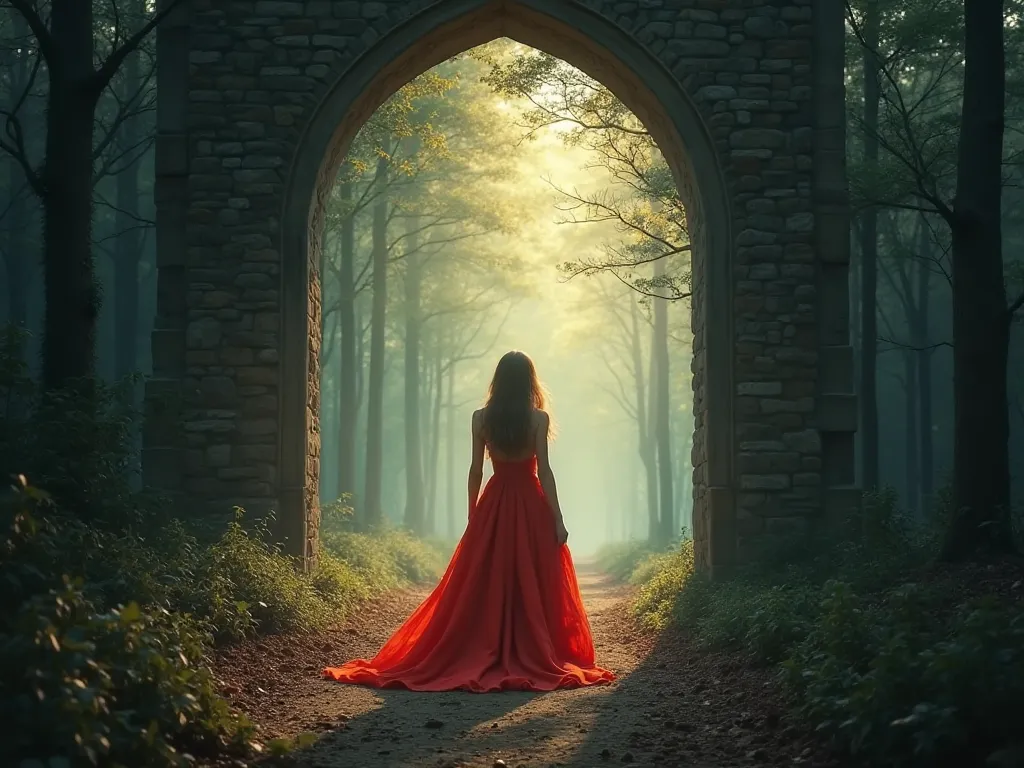 "Emma ( wearing a bright red dress)  bravely steps through the archway. The moment she crosses, the air turns cold, the forest goes silent, and the light becomes dim. The atmosphere shifts from warm and sunny to eerie and mystical."