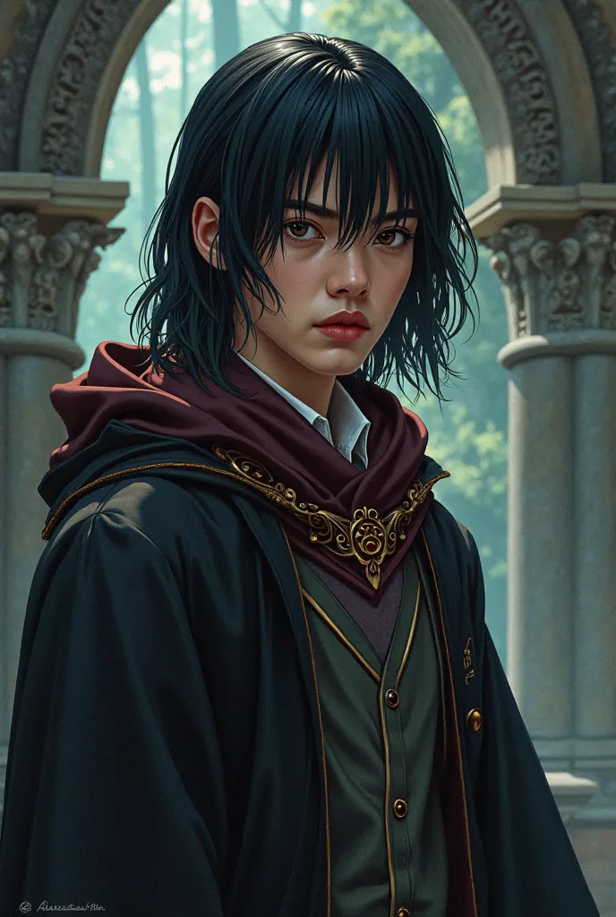 A young wizard with straight black hair, with a serious expression and a Hogwarts robe, 70's style .
with a fan art style