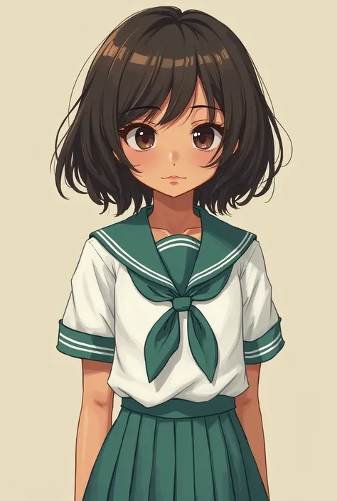 A brunette girl with Hindu or Arabian features short shoulder-length hair, black with dark brown eyes, unsure of herself and wearing a white short-sleeved shirt with a teal green ribbon and a skirt of the same color, that being the school uniform.