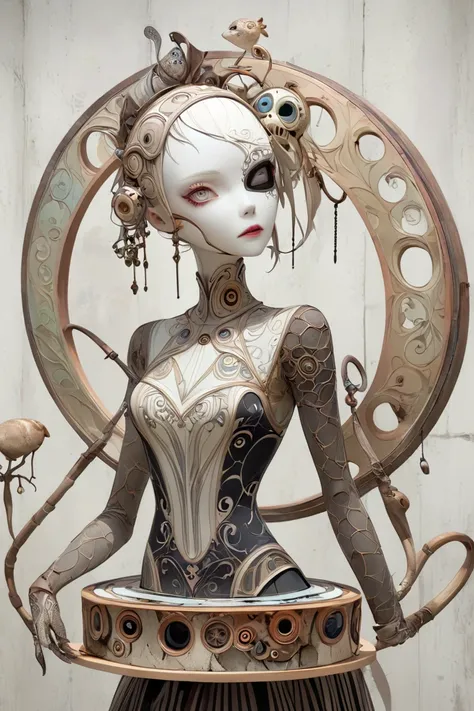 (masterpiece、Highest quality)、Super Detail、 HIGHEST DETAILS 、 Tim Burton Style、The Masked Girl、Automata Girl、layered sculpture 、body horror、Avant-garde、Concept Art、Mysterious and beautiful、dark fantasy、Fossil、Art Nouveau、Layered Cut Art、stylish、stylish、Mag...