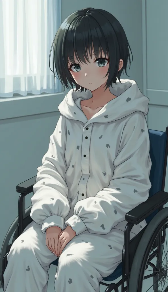  dark black hair, black eyes,Hospital room,1 girl, High Resolution, textured skin, very detailed, shortcut,Petite, Low, middle school student,No breasts,slender, short hair, after taking a bath,white snake costume pajamas,big hood,fluffy pajamas,fluffy paj...