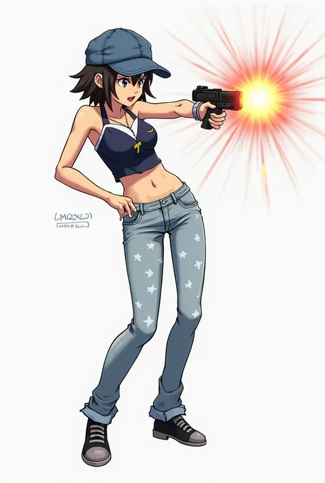 Girl with short hair shooting at super light white, dark navy blouse with straps,  a necklace with a cross a white short, leg warmers, blue jean, con lineas blue jean claro,  with stars , over black shoes with a white tip,  profile picture, With pose, Pint...