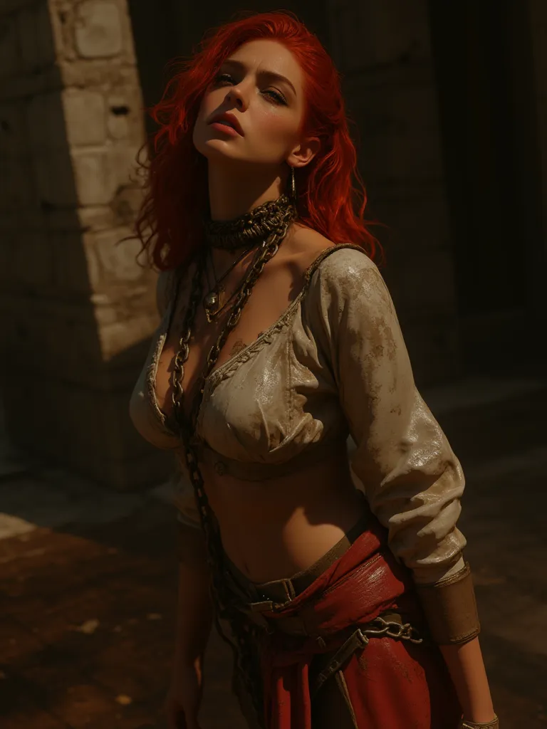 full shot of a slave woman, voluptuous hips, red long hair, worn out medieval clothes, collar with chain on her neck, dirty face and body,  medieval room background, 8k, Masterpiece, dramatic lighting