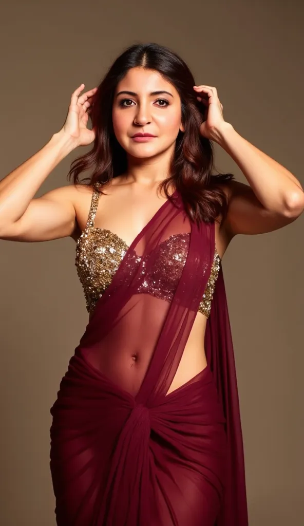 Generate a close up front image of a woman in a maroon semi transparent sleeveless saree. The blouse is golden colour with mirror sequins. It has no sleeves and has a golden satin finish with spaghetti strap. One of the straps of the blouse is undone and o...