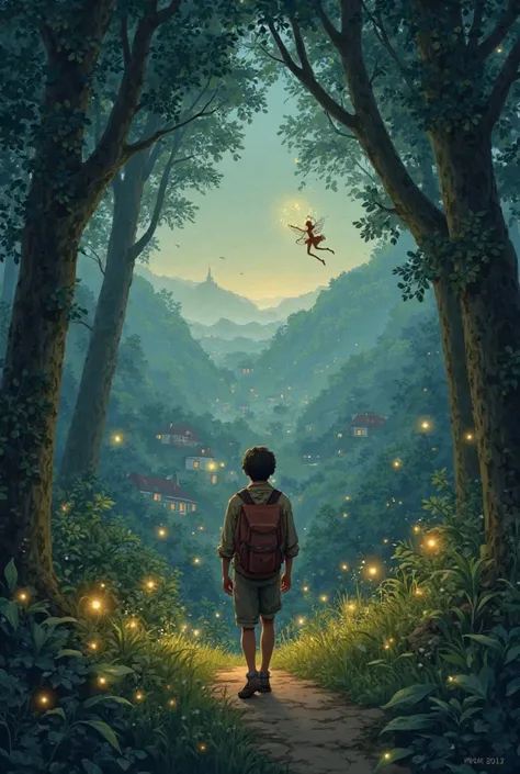 Reaching Home – Oliver finally stepping out of the forest, seeing the warm lights of his village in the distance. Behind him, the fairies smile before disappearing into the night