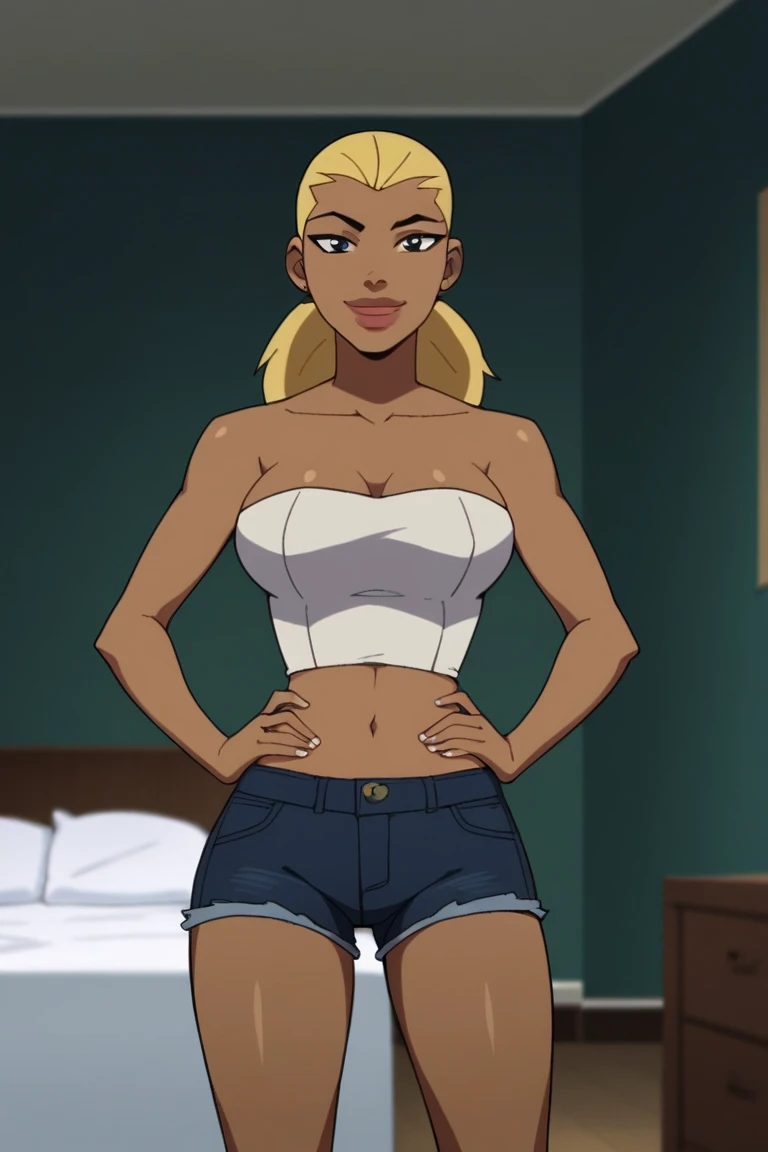 score_9, score_8_up, score_7_up, source_cartoon,artemis, blonde hair, long hair, big lips, dark skin, large breasts, white tube top, white jean shorts,  BREAK standing, smile, closed mouth, confident expression, looking at viewer, solo, front view, face fo...