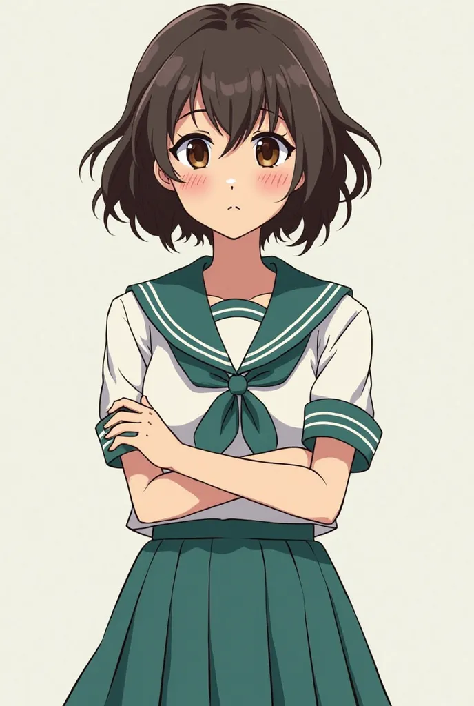 Brunette girl with Arabian features short wavy hair up to her shoulders, black with dark brown eyes, unsure of herself and wearing a white short-sleeved shirt with a teal green bun and a skirt of the same color, this being the school uniform.