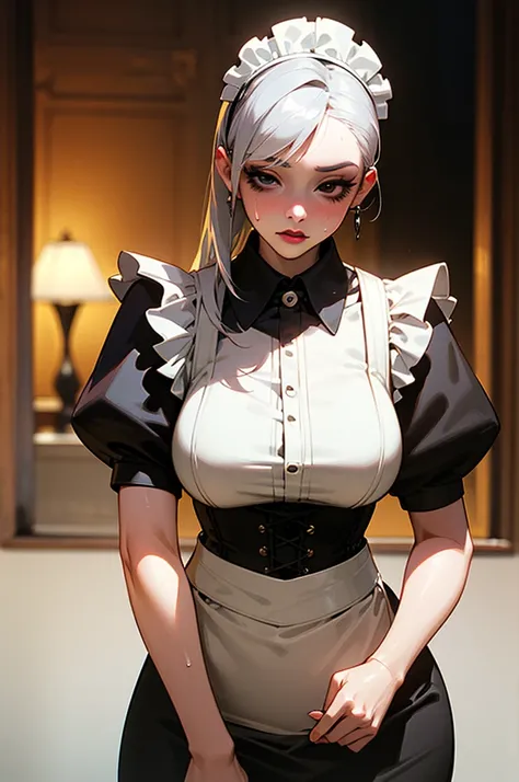 Young beautiful woman,(Highest quality,Extremely detailed depiction,Incredibly absurd high resolution,Anatomically accurate depiction,Curvy Legs,Shiny skin,Porcelain-like skin),(Black and white gothic maid outfit,Maid Skirt,corset,black tights),eyelash,(Si...