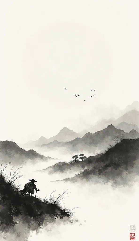 Give me an ink painting，Hills and smoke in the distance，The mountains are a little calmer，The elements are a little simpler
