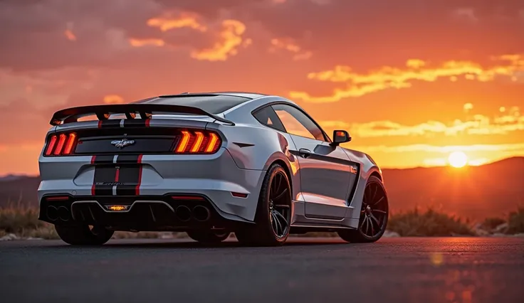 A **white Ford Mustang GT500 parked with the sunset in the background**, delivering a **dramatic ending shot**.