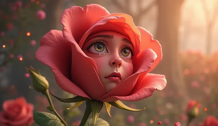 The rose with eyes, nose ,  mouth . The eyes of the rose are teary. pixar 2d