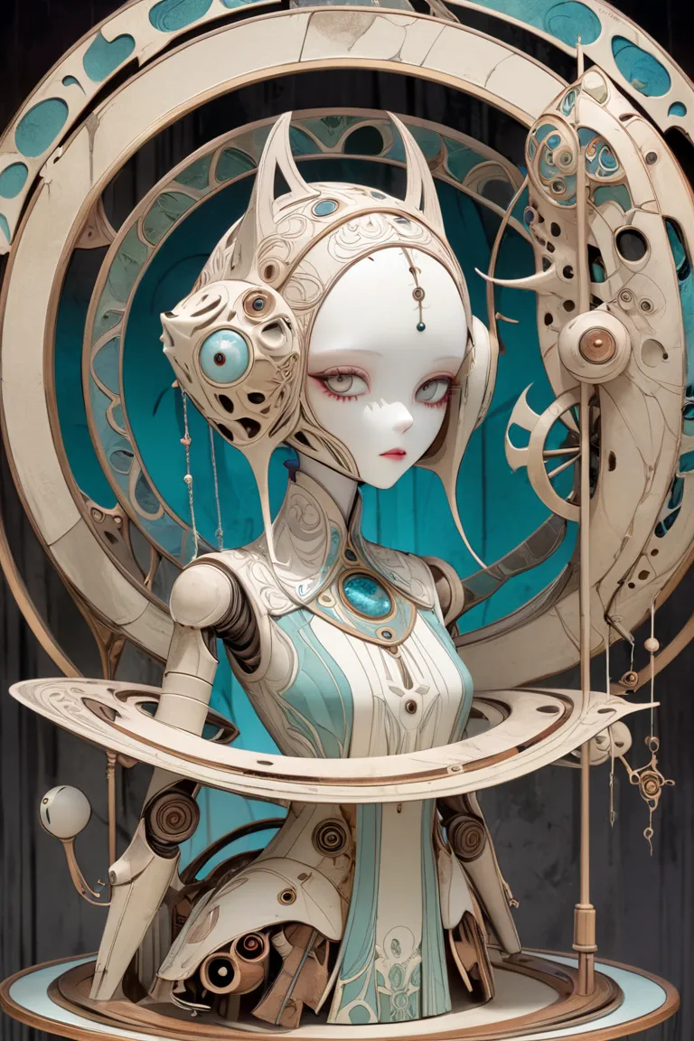 (masterpiece、Highest quality)、Super Detail、 HIGHEST DETAILS 、 Tim Burton Style、The Masked Girl、Girl with spherical joints and automata、layered sculpture 、body horror、Avant-garde、Concept Art、Mysterious and beautiful、dark fantasy、Fossil、Art Nouveau、 art deco...