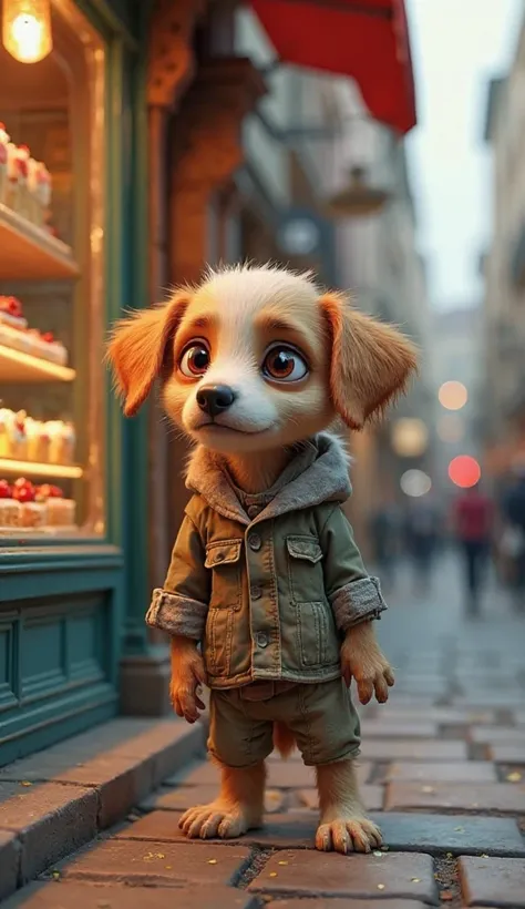 A sick puppy,  boneless , wearing old clothes, ragged, standing in front of a bakery. The gaze of the covetous dog looks at the delicious cakes. 3d style 