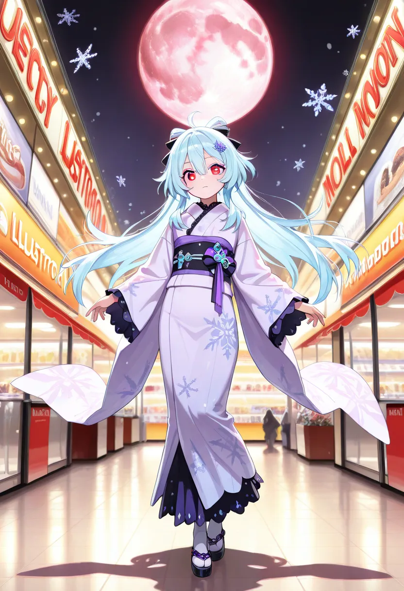 masterpiece,amazing quality,best quality,ultra-detailed,8k,illustration,CG,　 1girl , 1 beautiful girl doing a shopping mall photo session、 Lolita Style, light blue hair color ,Long Hair,  purple and white kimono , Left eye purple eye,The right eye has red ...