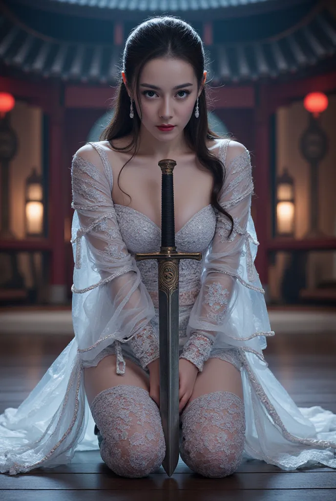 A battle scene in which a female white ninja lands、Place one hand on the floor and hold the wuxia long sword horizontally in front of your face.、Intricate chain mail that fits the body perfectly、sexy， Serious Eyes、Low fighting stance、surrounded by the empe...