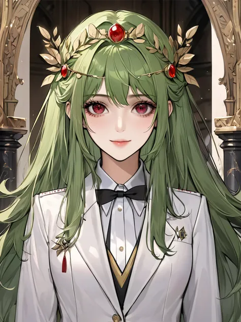 (extreamly delicate and beautiful:1.2), 8K,(masterpiece:1.0),(best_quality:1.0), 1 girl, and intricate detailing, Enlarged textures, and intricate detailing, finely eye and detailed face, and intricate detailing, green long hair, (sweet smiley), Perfect ey...