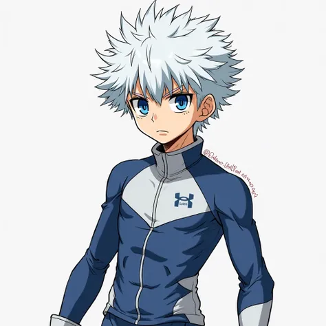 A boy of around , high of 1.72 cm , made in the form of a drawing of Boku no Hero,  He has short white hair , dark blue irises that seem to melt, deforming their shape, like those of White Snake from Jojo's, He has a slightly serious face, is sturdy and wi...