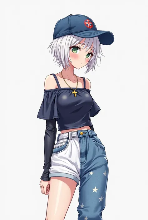 Girl with short super light white hair, dark navy blouse with straps,  a necklace with a cross a white short, leg warmers, blue jean, con lineas blue jean claro,  with stars , over black shoes with a white tip,  profile picture, With pose, Pinterest style,...