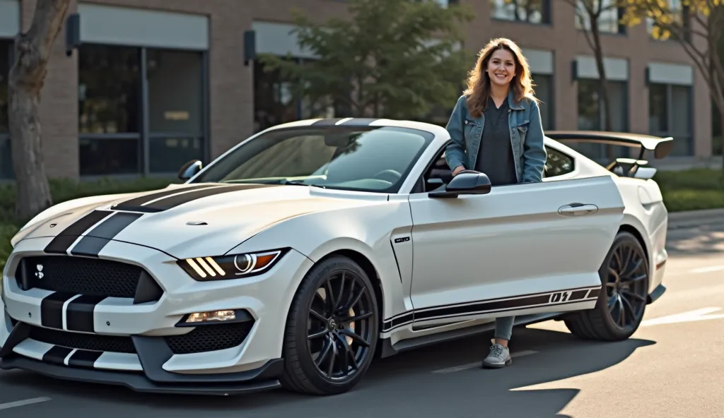 A **driver stepping out of the white Mustang GT500**, looking back at the car with admiration