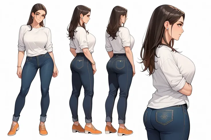 Full-body character sheet of a beautiful woman named sarah depicted from various angles (front view, side view, back view, and 3/4 view) against a plain white background. , sarah is beautiful woman has big breasts wears white tshirt and black jeans and ora...