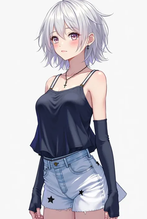 Girl with short super light white hair, dark navy blouse with straps,  a necklace with a cross a white short, leg warmers, blue jean, con lineas blue jean claro,  with stars , over black shoes with a white tip,  profile picture, With pose, Pinterest style,...