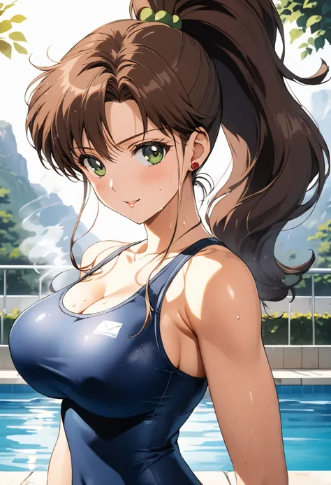 masterpiece, Best Quality, High resolution,16k,official art,super detailed skin,detailed,animated painting, (Makoto Kino),1990s \(style\),School Swimsuit、(E-cup beautiful breasts)、clevage, (tall:1.2),height: 170cm,Fashion model body type、Sweating all over ...