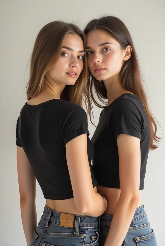 ** Description :**

Two women wearing black cotton crop tops, with short medium sleeves and round neck. One of them stands, with its back facing the spectator, while the other is looking directly forehead. . Both have a relaxed and natural posture, with re...