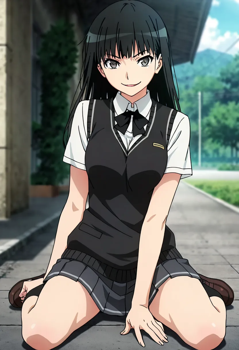 (anime screencap, masterpiece, best quality), Intricate details, indirect lighting, upper body, (Focus on the breasts), looking at viewer, sitting, full body, 1girl, medium breasts, (covered nipples:0.7), black hair, long hair, evil smile, school uniform, ...