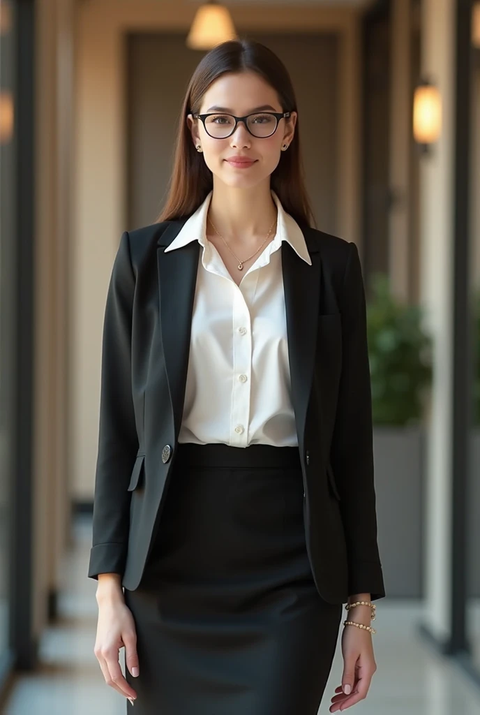 Young English female receptionist, standing, wearing attractive spectacles, white cotton pointed collar blouse, underneath a black blazer, with the shirt collar out over the lapels, pearl necklace, earings, long black skirt and shoes.