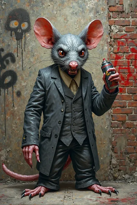 I want you to draw a scary rat in a gray dress suit graffiti a cartoon brick wall