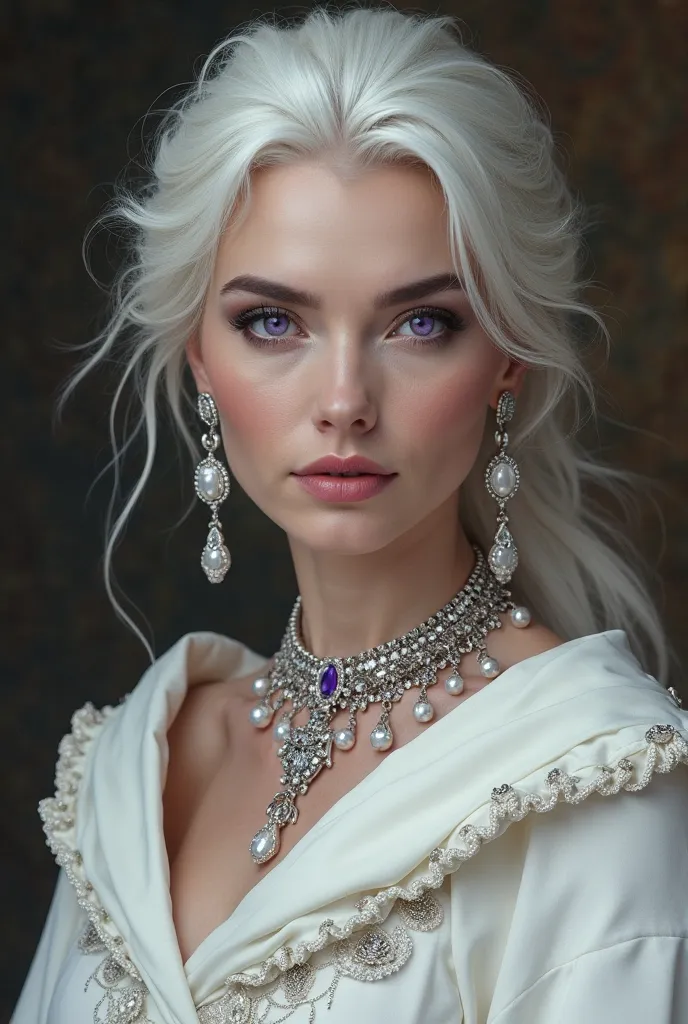 Woman with white hair and purple eyes, with square features and oval face, 45 years old wearing royal style white dress with pink lips and silver and amethyst jewelry with stocky leather