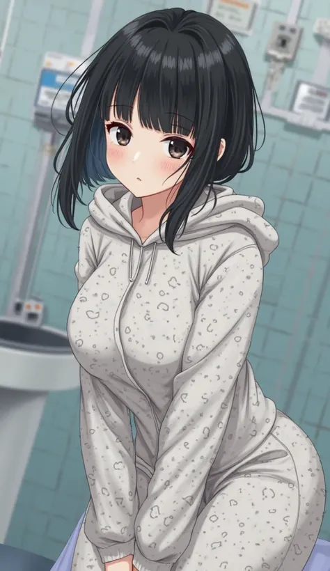  dark black hair, black eyes,Hospital room,1 girl, High Resolution, textured skin, very detailed, shortcut,Petite, Low, middle school student,No breasts,slender, short hair, after taking a bath,白蛇の Kigurumi pajamas,big hood,fluffy pajamas,fluffy pajamas,fl...